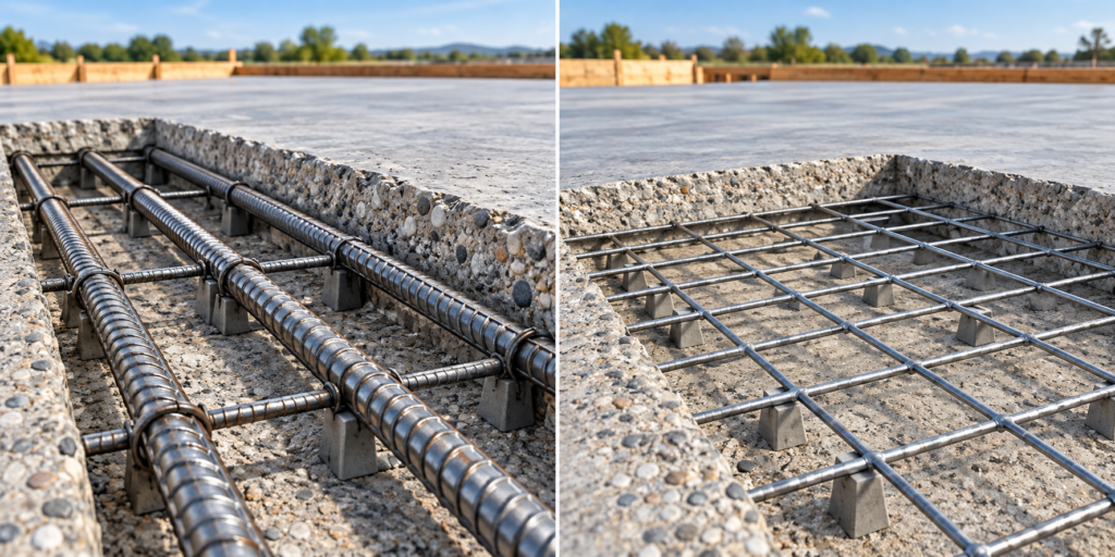 Concrete slab reinforcement comparison showing steel rebar on the left and welded wire mesh on the right
