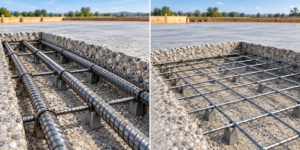 Concrete slab reinforcement comparison showing steel rebar on the left and welded wire mesh on the right