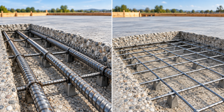 Concrete slab reinforcement comparison showing steel rebar on the left and welded wire mesh on the right